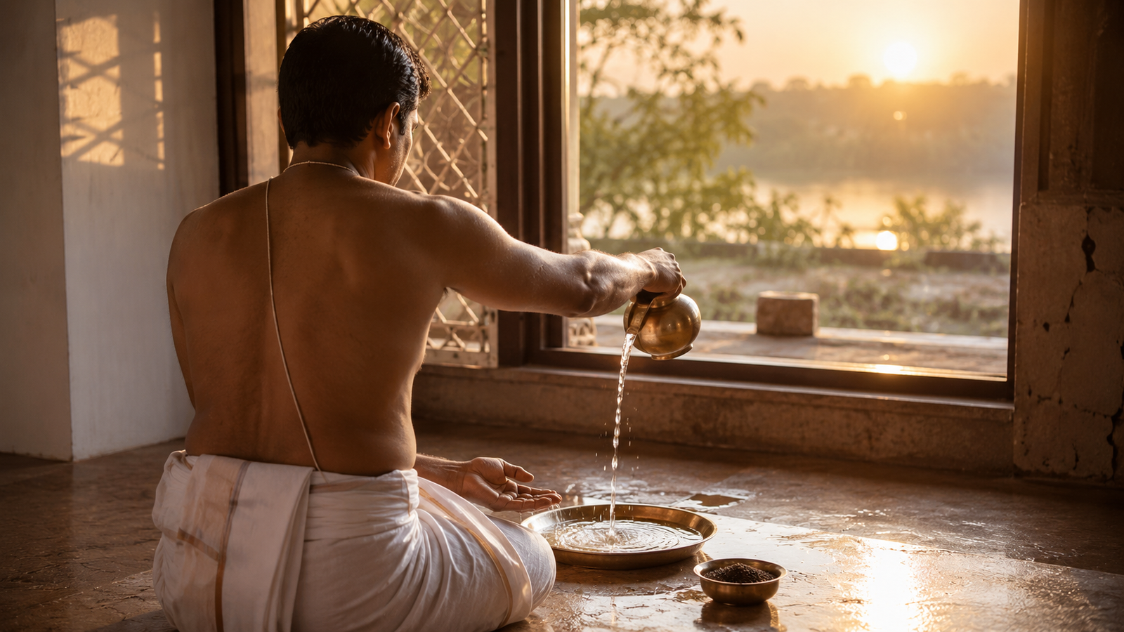 Morning Tarpan ritual facing South during Pitru Paksha