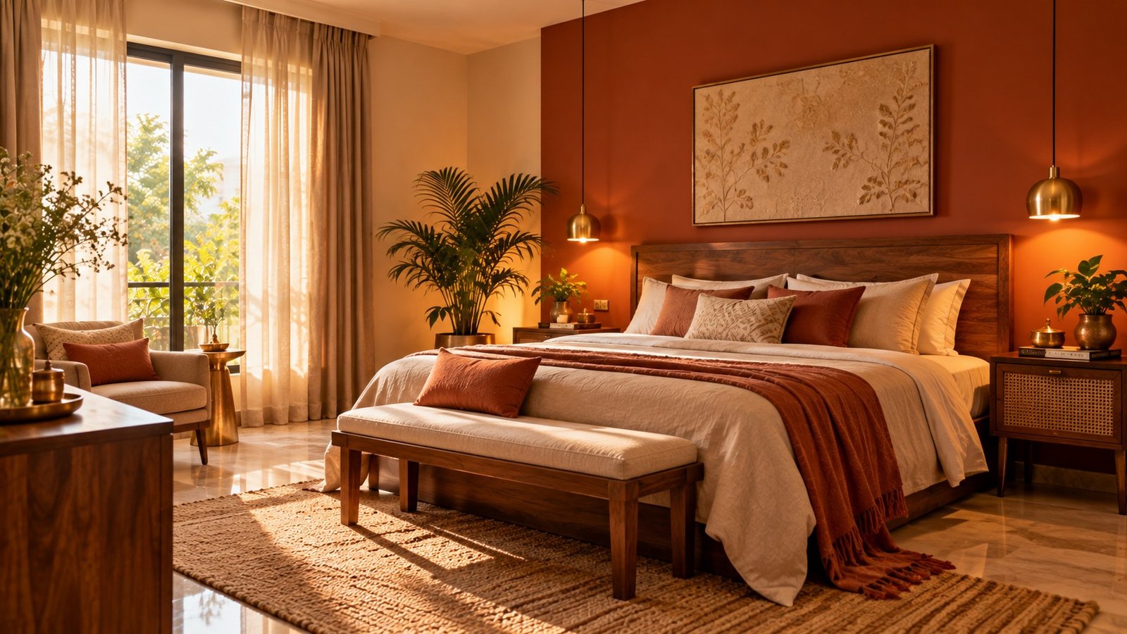 Bedroom with dramatic accent wall resolved to honor both Vastu and aesthetics