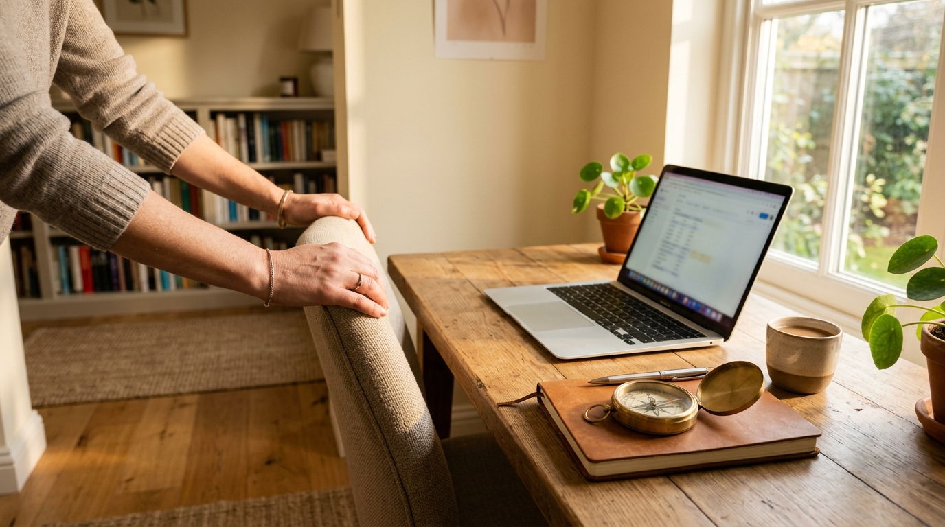 Home office desk facing East with compass showing correct Vastu direction