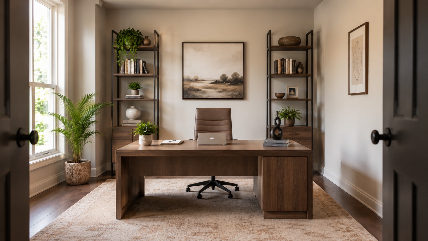 Desk placed in the Vastu command position with a clear view of the door