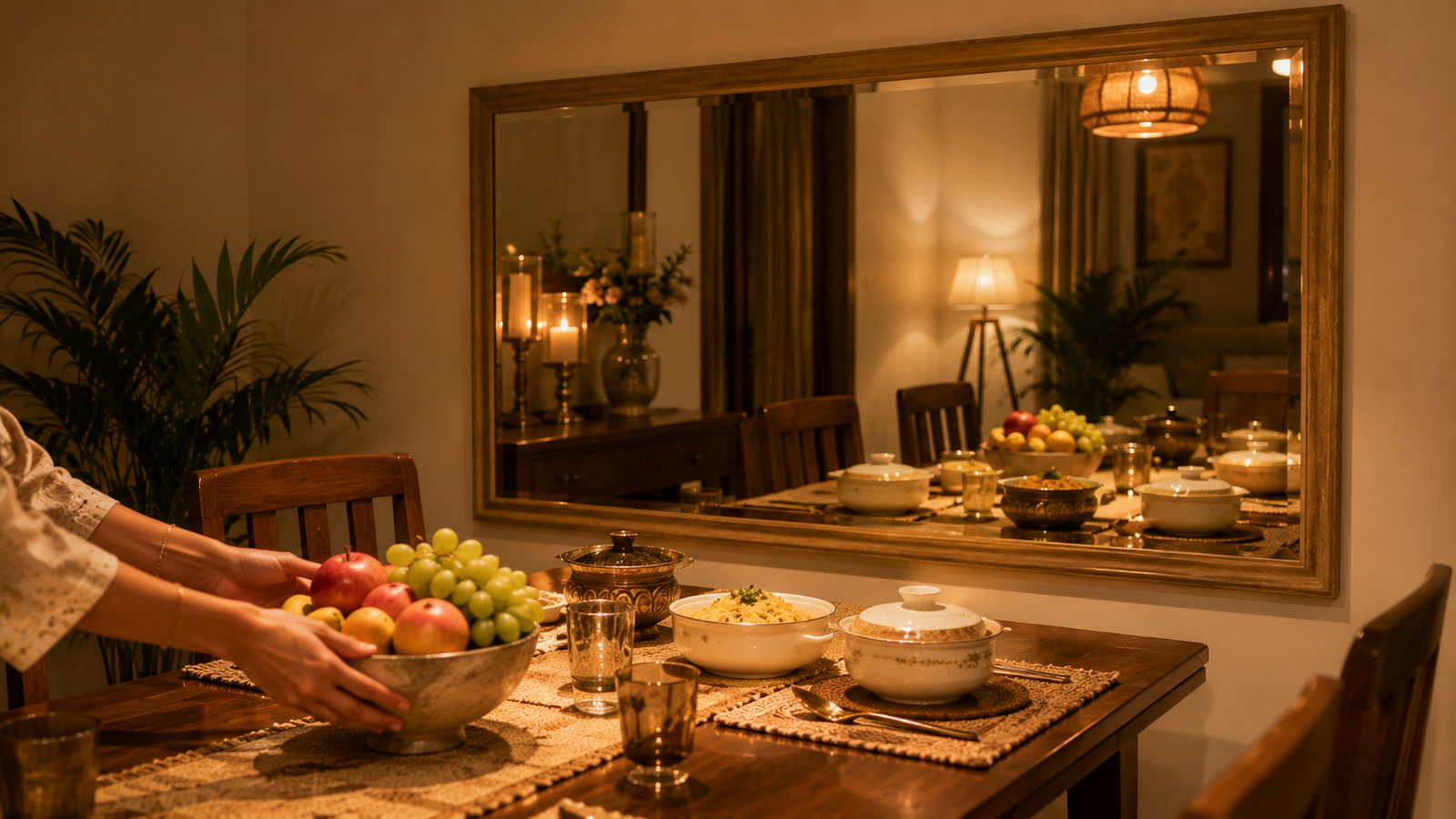 Mirror reflecting dining table to double abundance as per Vastu