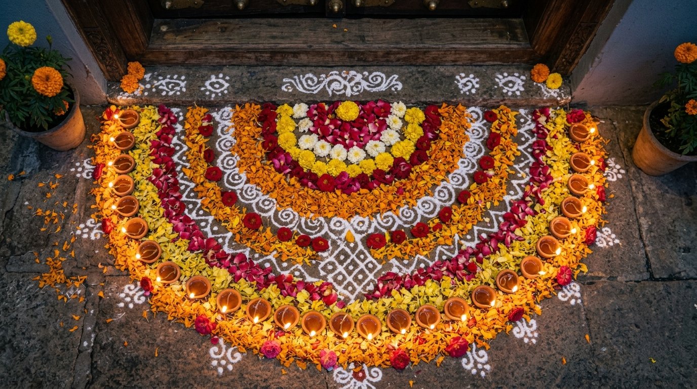 Diyas and rangoli placed at threshold following Vastu diya map