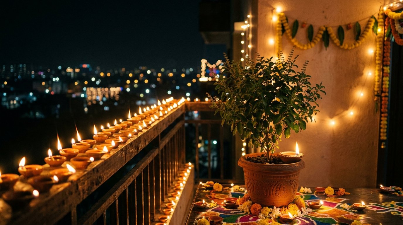 Diwali night diyas glowing beside Tulsi plant on home balcony