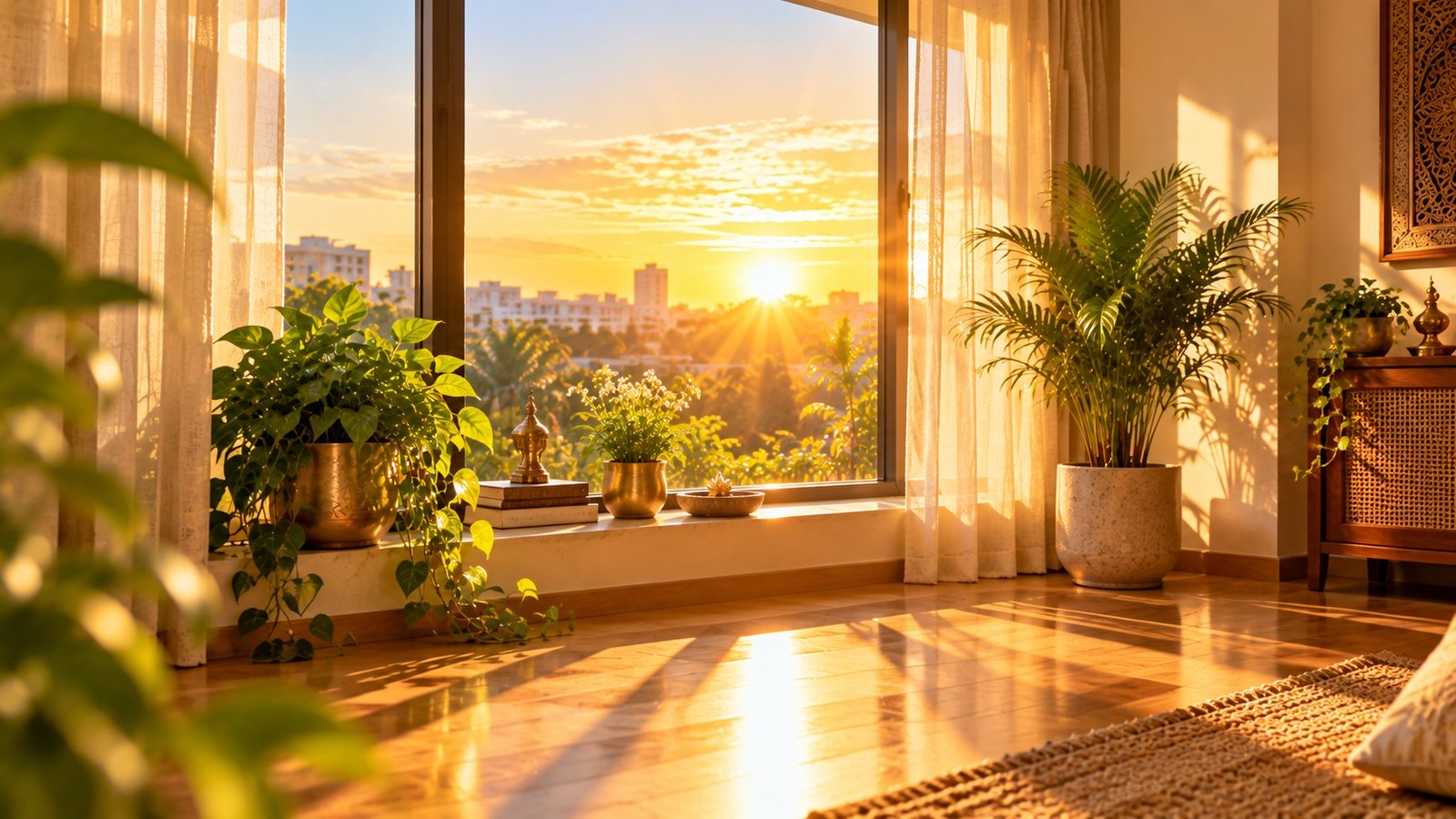 Golden East sunrise light flooding Vastu-aligned home to begin Year 1 2026