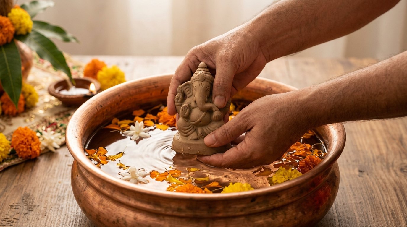 Eco-friendly home visarjan of clay Ganesha idol in water vessel