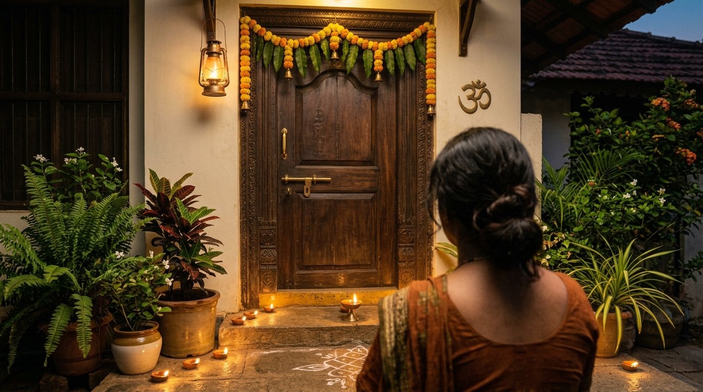 Daily evening diya ritual at a remedied south-facing entrance