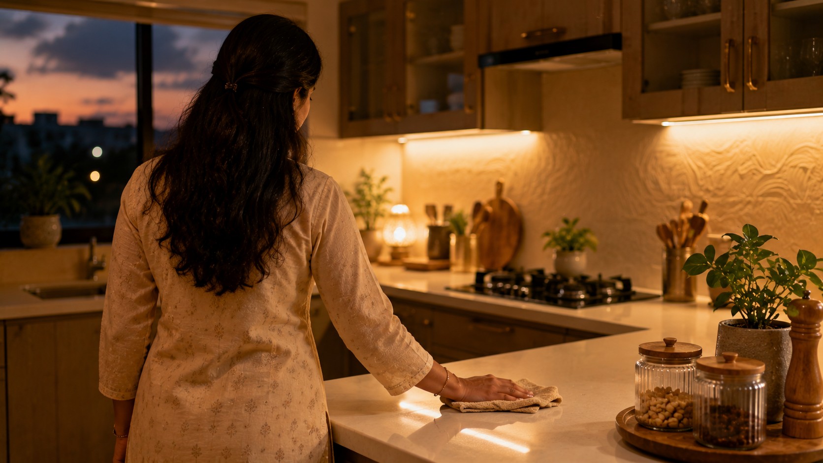 Kitchen counter being cleaned at night as per real Vastu