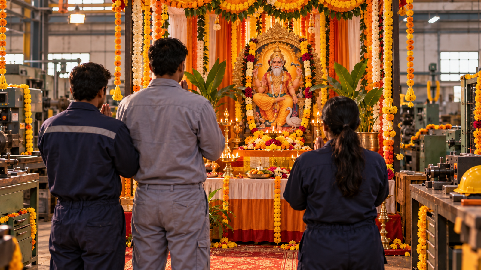 Workers gathered for Vishwakarma Puja at decorated workplace pandal