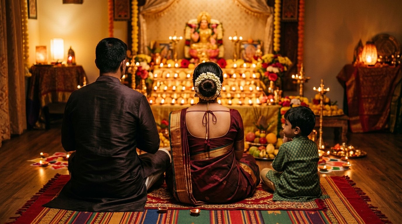Family performing Lakshmi Puja facing the correct Vastu direction