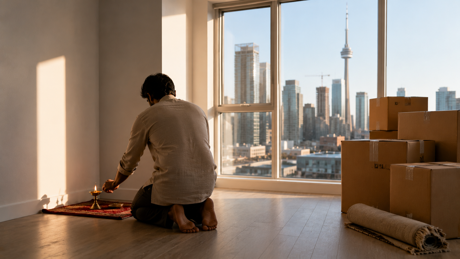 Lighting first diya during entry into new overseas apartment