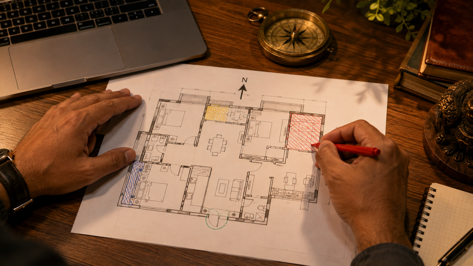 Marking Vastu zones on apartment floor plan during remote audit