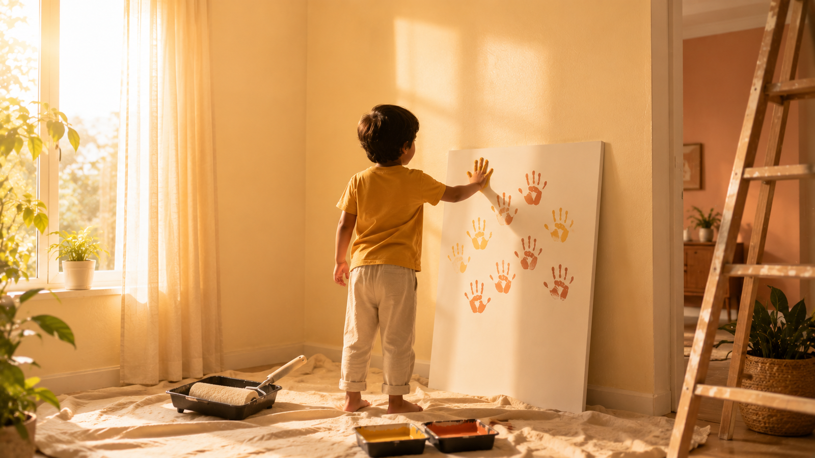 Freshly painted Vastu-aligned home glowing at golden hour
