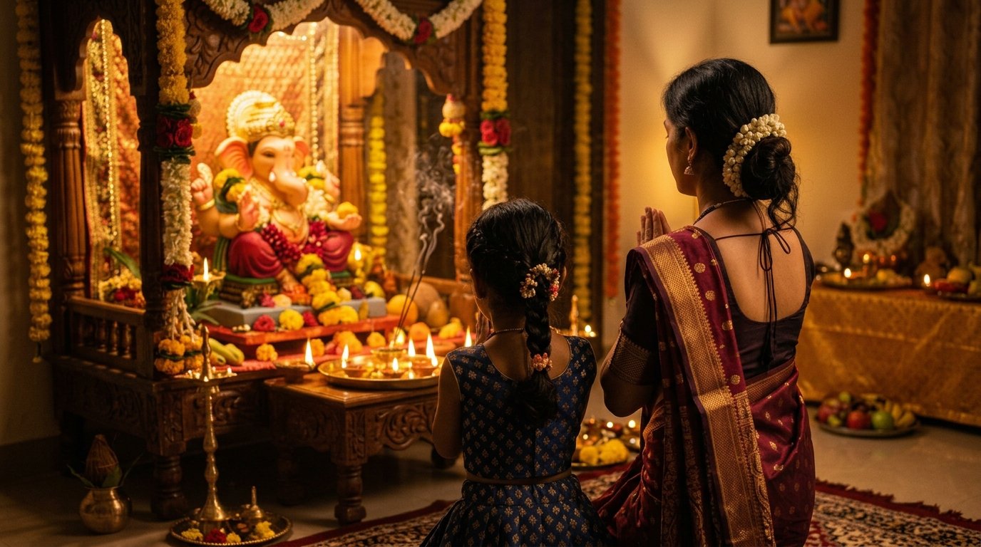 Family performing daily aarti facing the correct Vastu direction