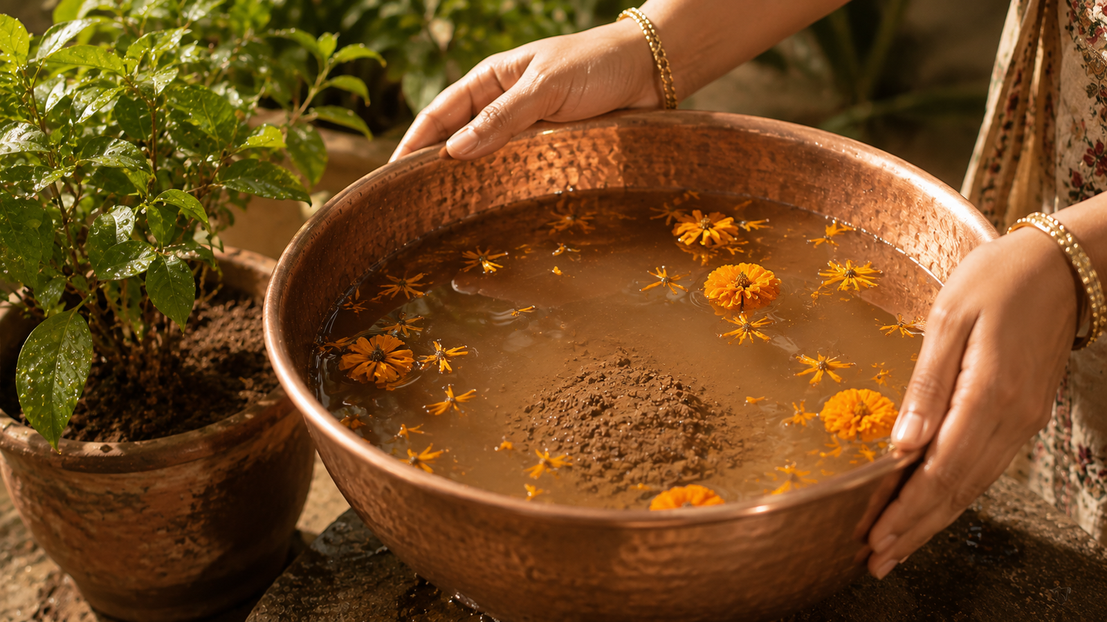 Dissolved clay water being returned to garden after home visarjan