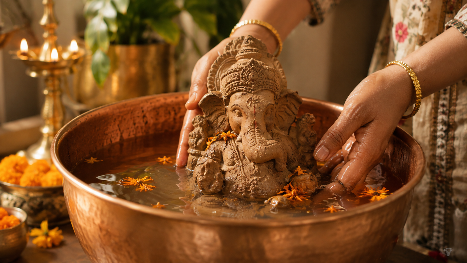 Gentle home eco-visarjan of clay Ganesha idol in copper vessel