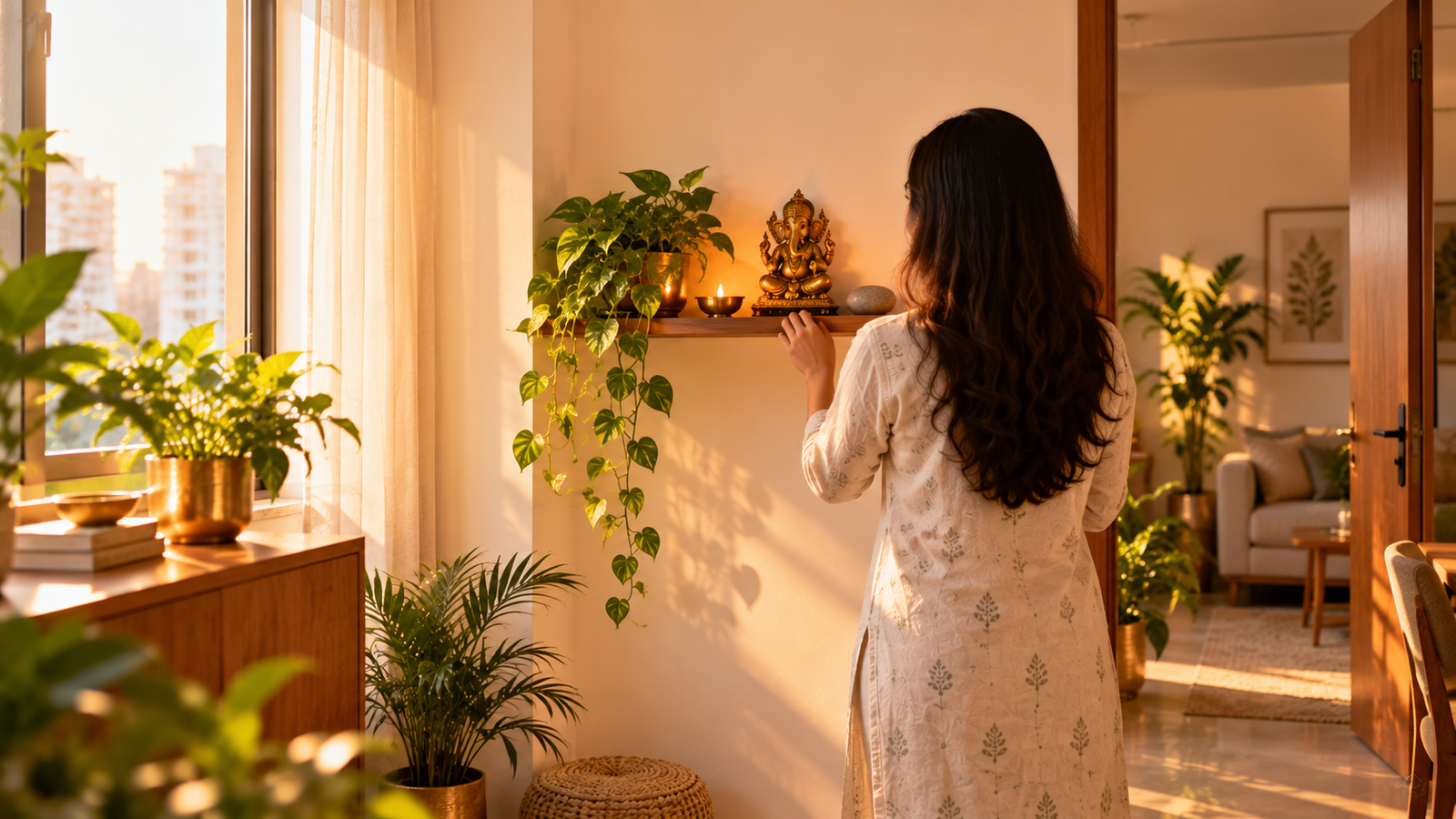 Minimalist sacred corner in rented flat practicing Gen Z Vastu