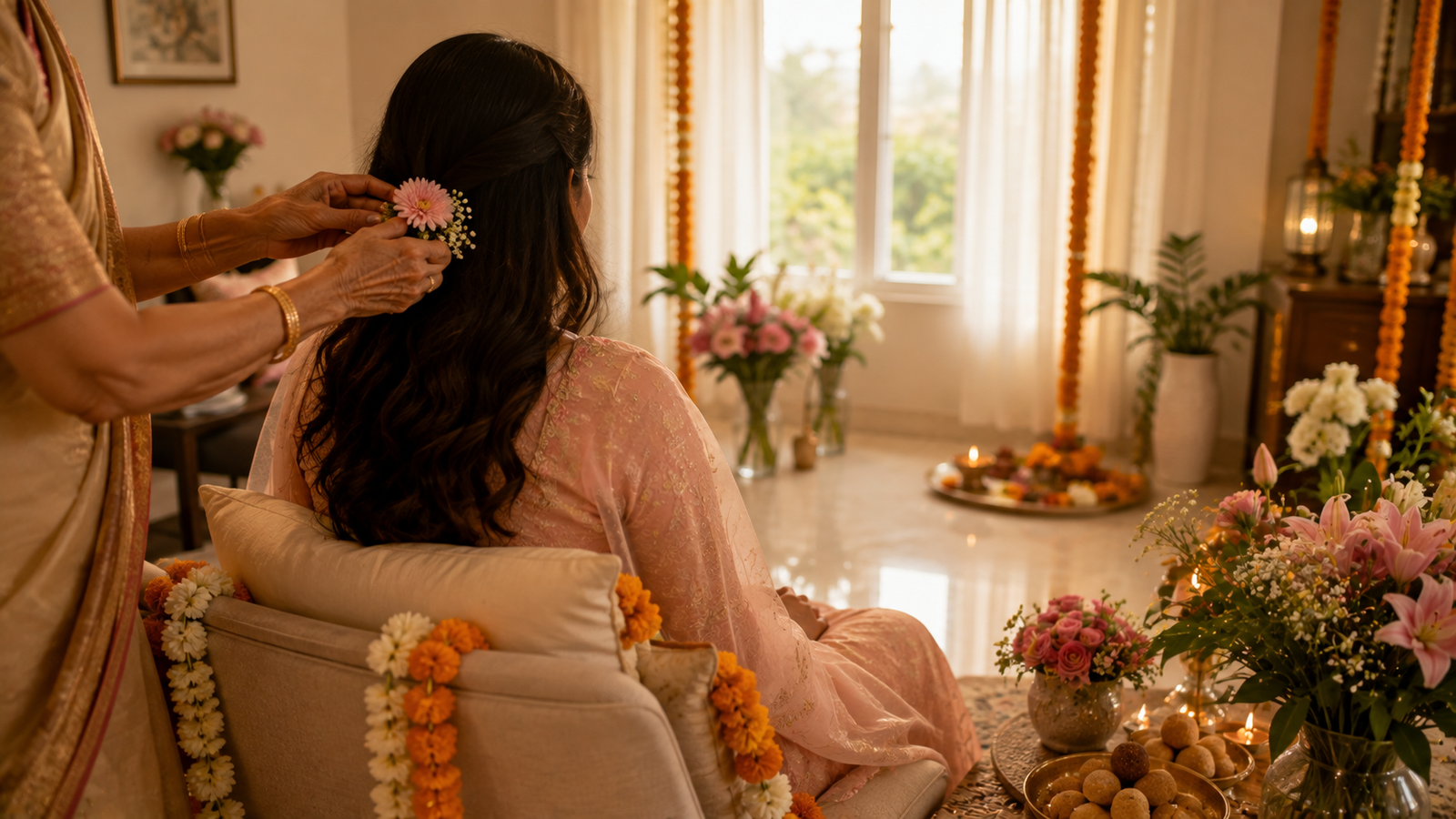 Godh bharai ceremony with mother-to-be seated facing East