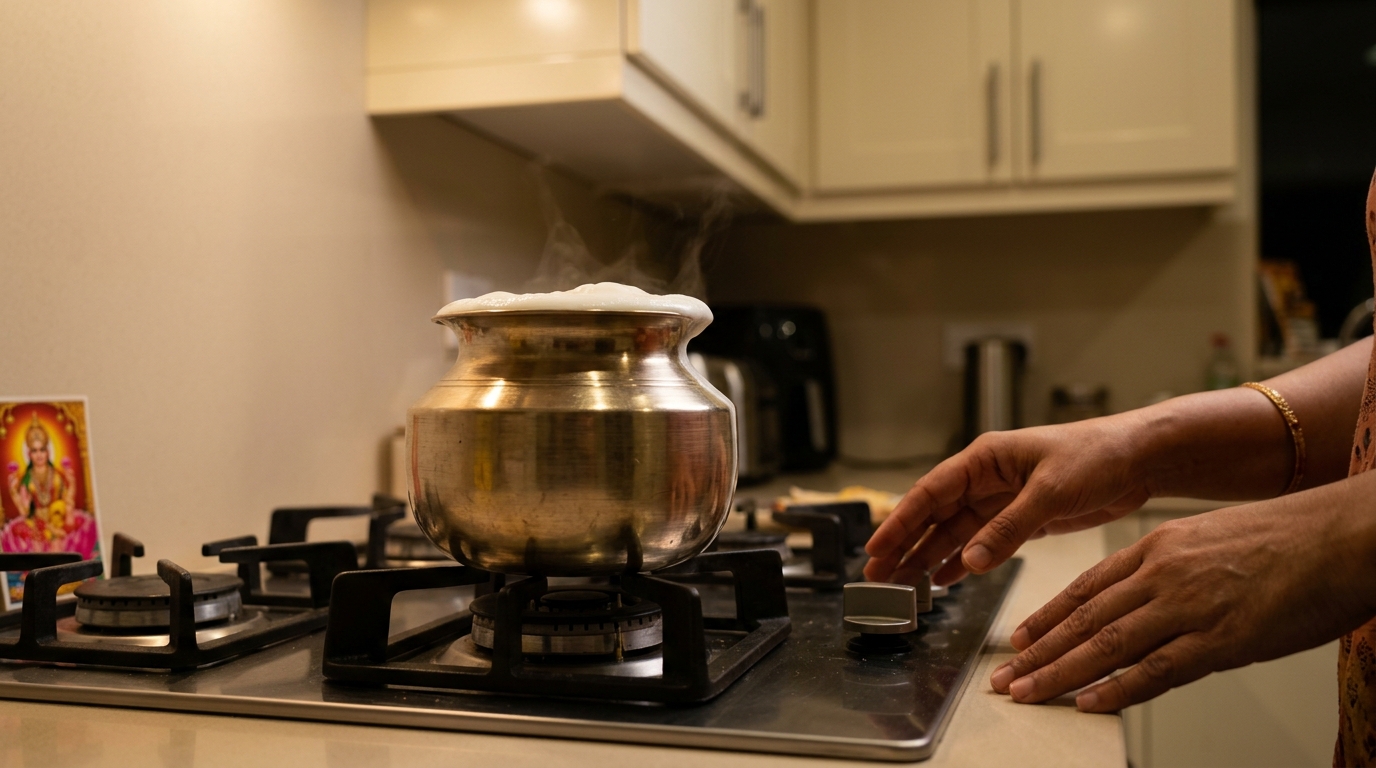 Milk boiling over during Griha Pravesh symbolizing Vastu abundance