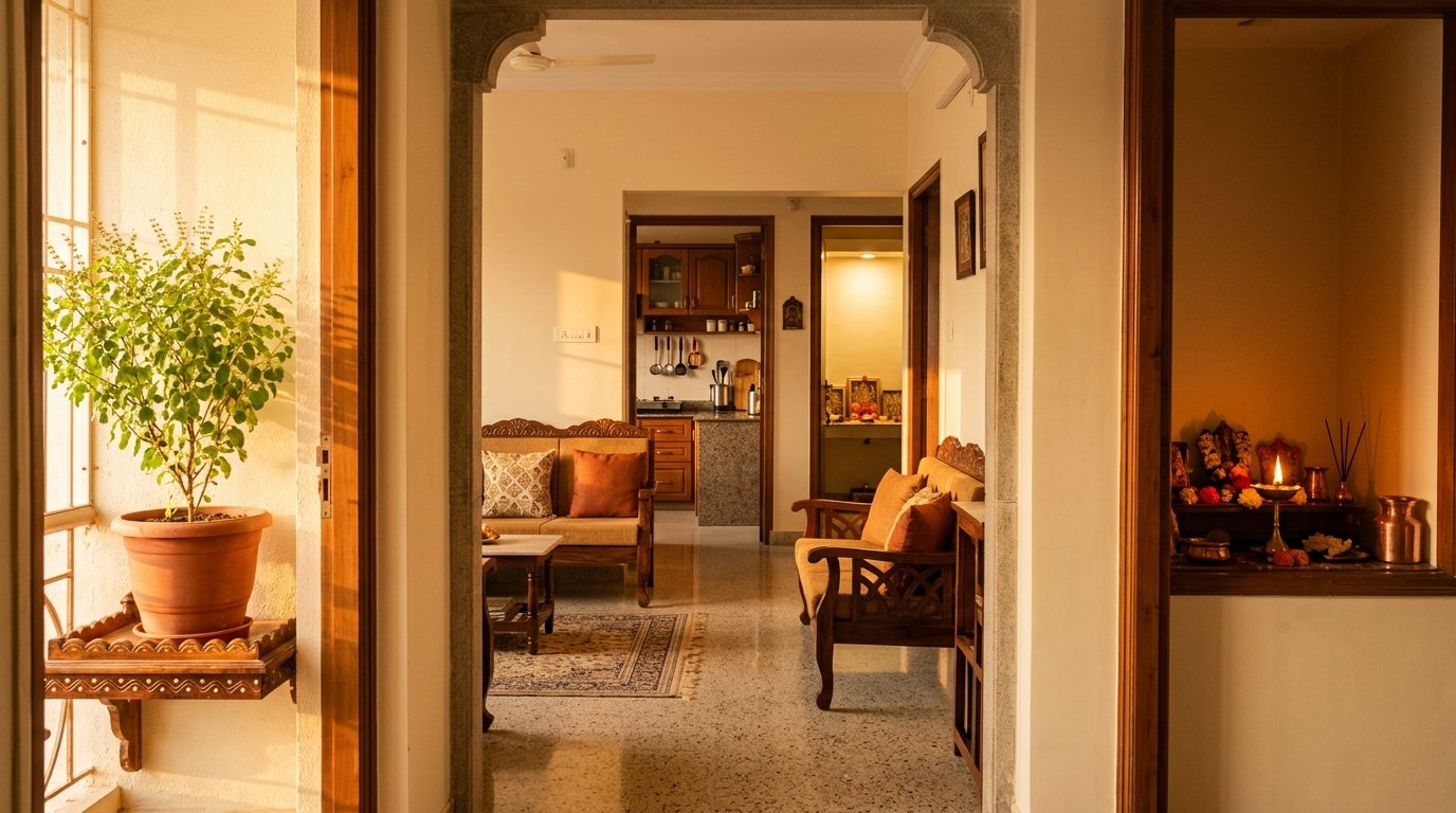 Harmonious Vastu-aligned Indian home interior at golden hour
