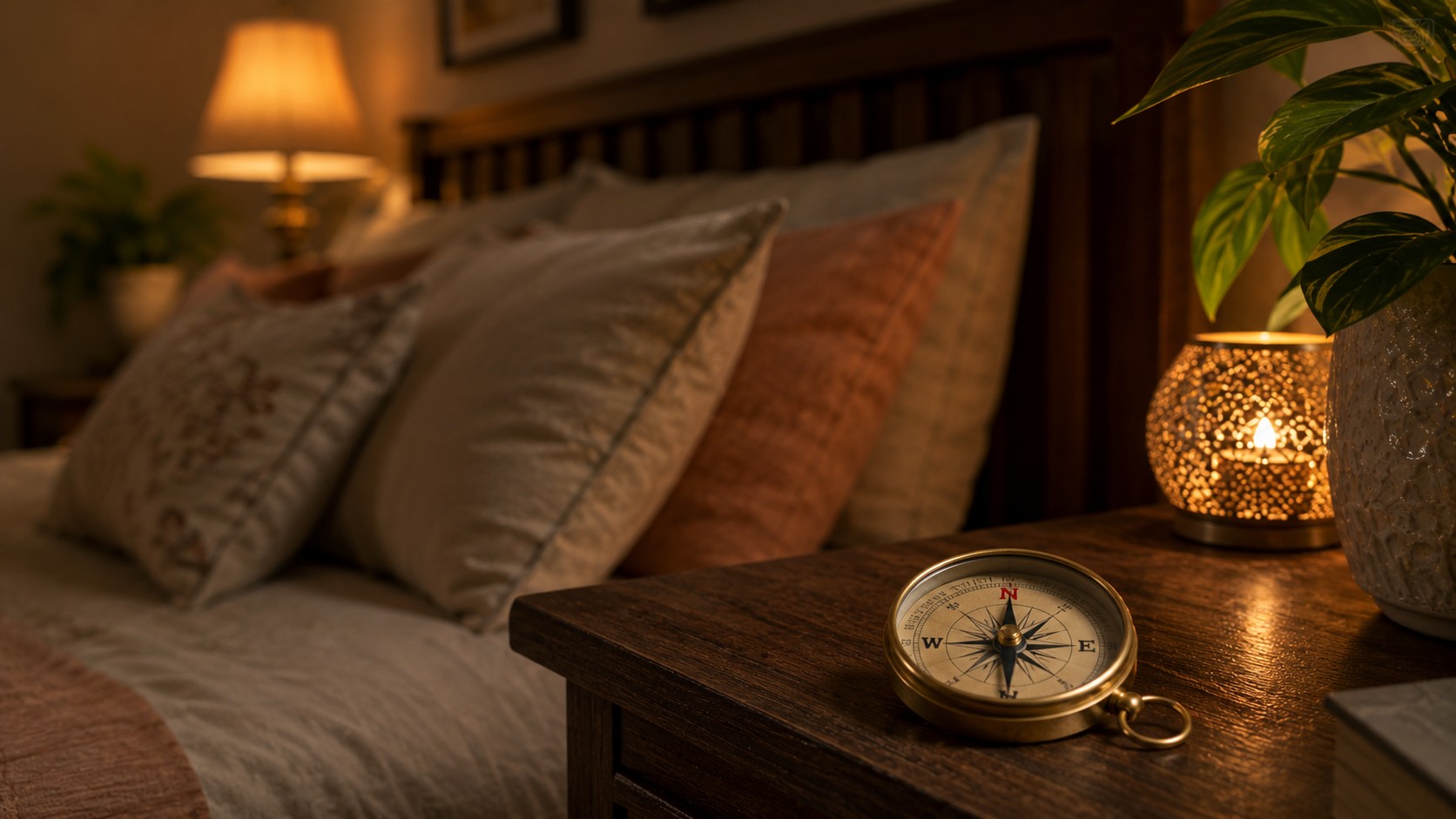 Compass pointing North beside a bed, the sleeping direction to avoid in Vastu