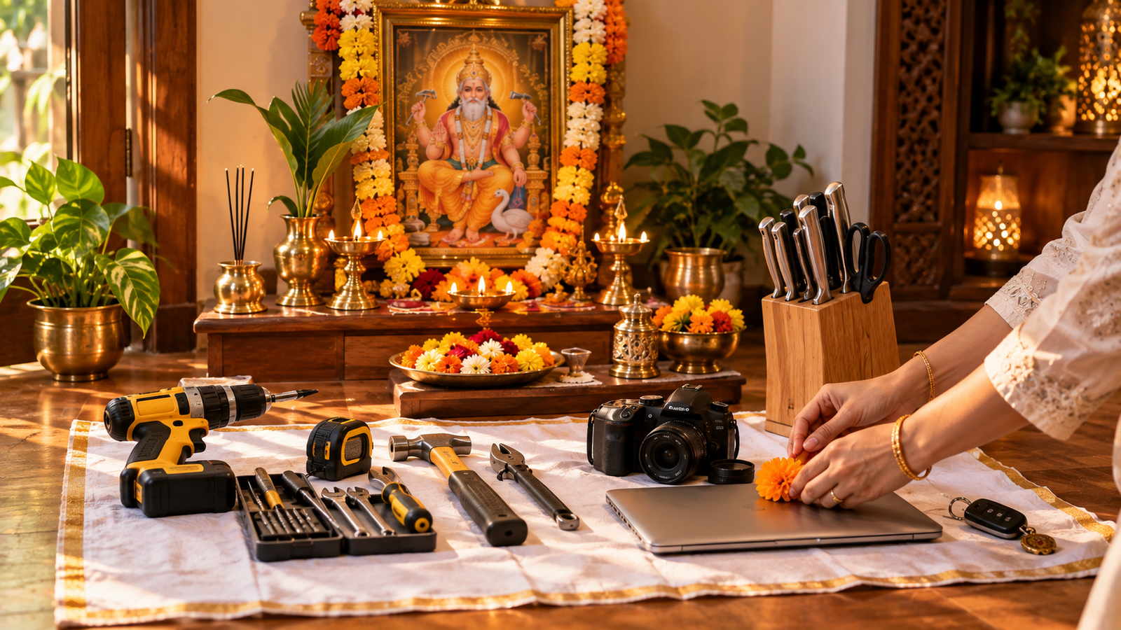 Modern household tools including laptop placed for Vishwakarma Puja blessing