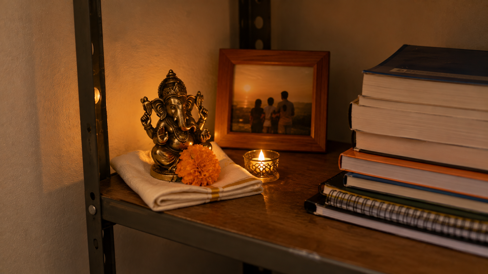 Small sacred anchor corner on hostel shelf with diya and photo