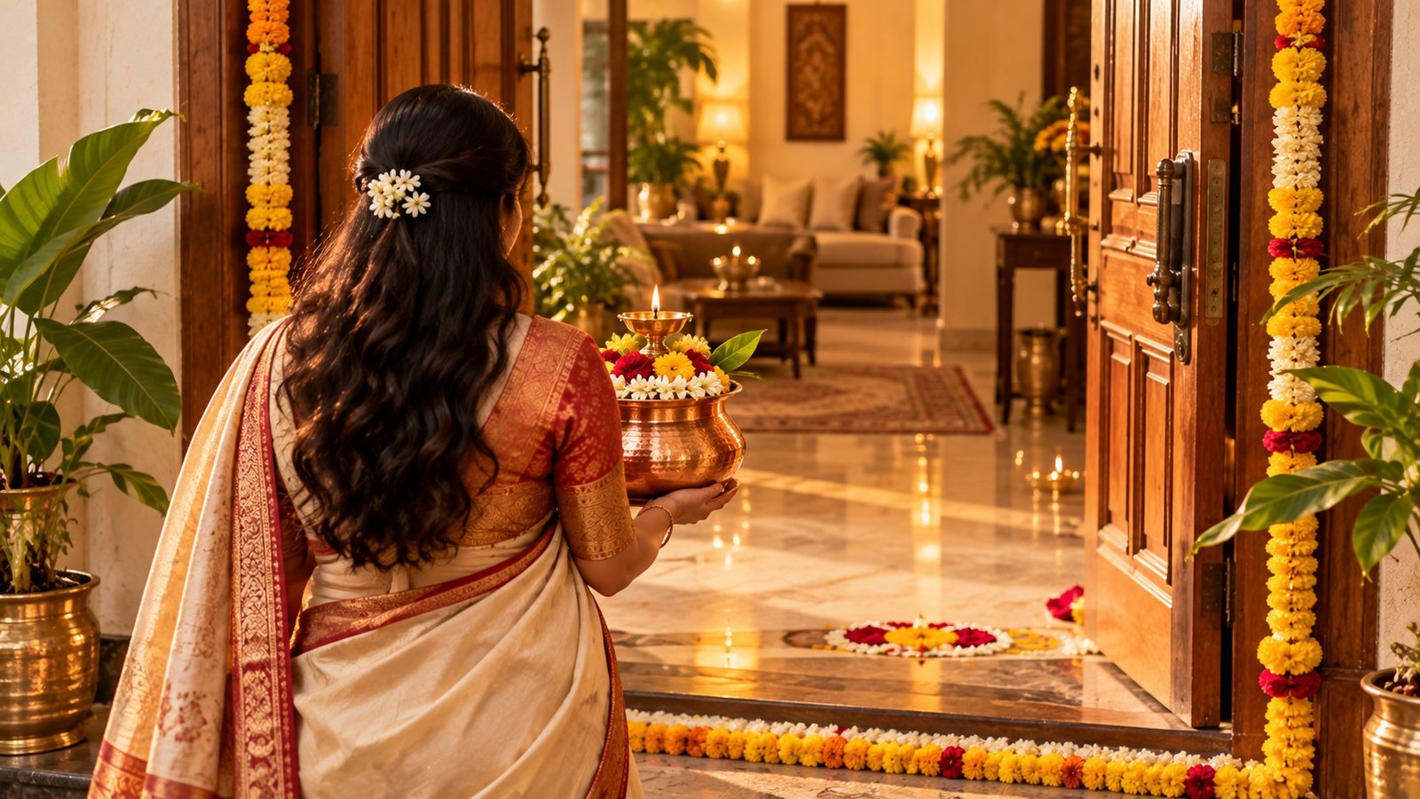 Woman bringing copper vessel gift across new home threshold per Vastu