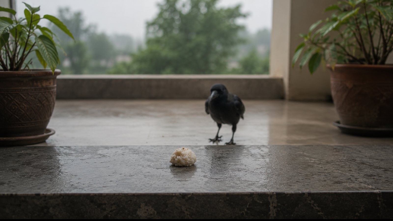 Crow accepting rice ball offering during Pitru Paksha Kagwal ritual