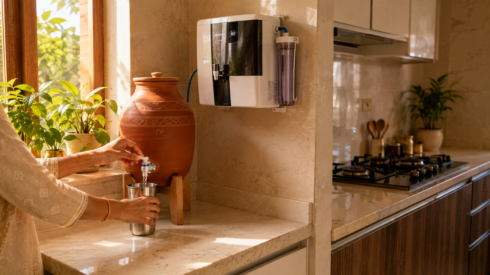 Matka and RO unit placed in kitchen's North-East as per Vastu