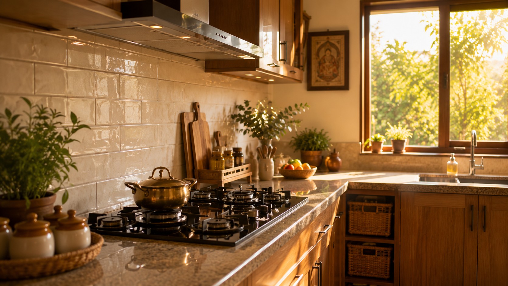 Clean balanced Vastu kitchen to avoid fire and water energy clash