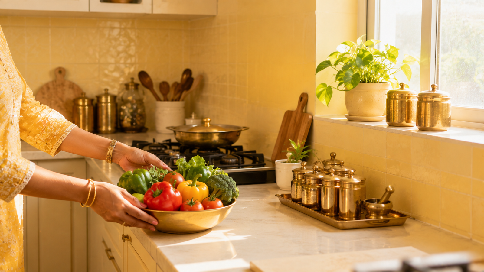 Kitchen in warm light yellow tones suiting the Agni zone