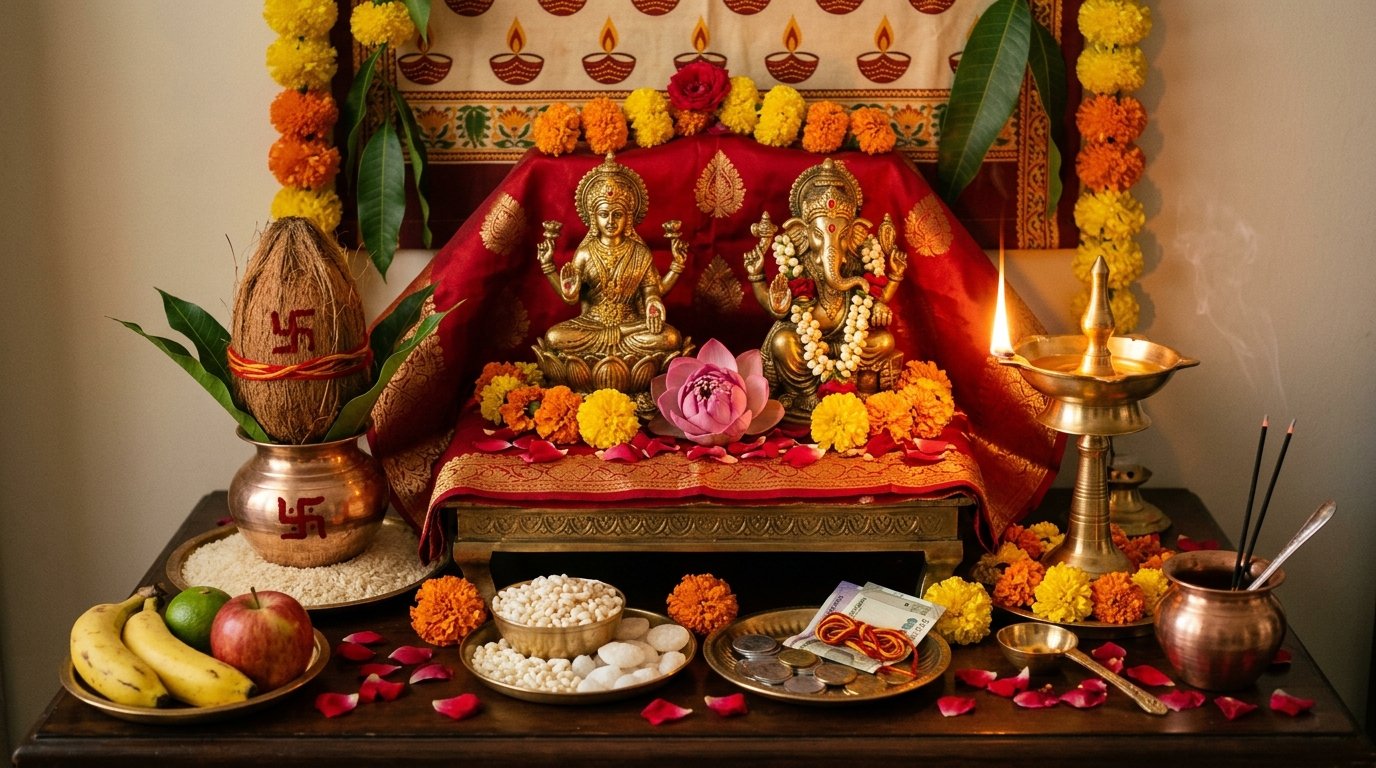 Complete Lakshmi Puja altar arranged as per Vastu principles