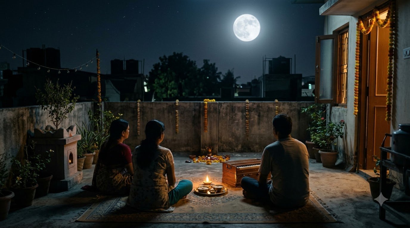 Family keeping Kojagiri Purnima vigil by moonlight on terrace