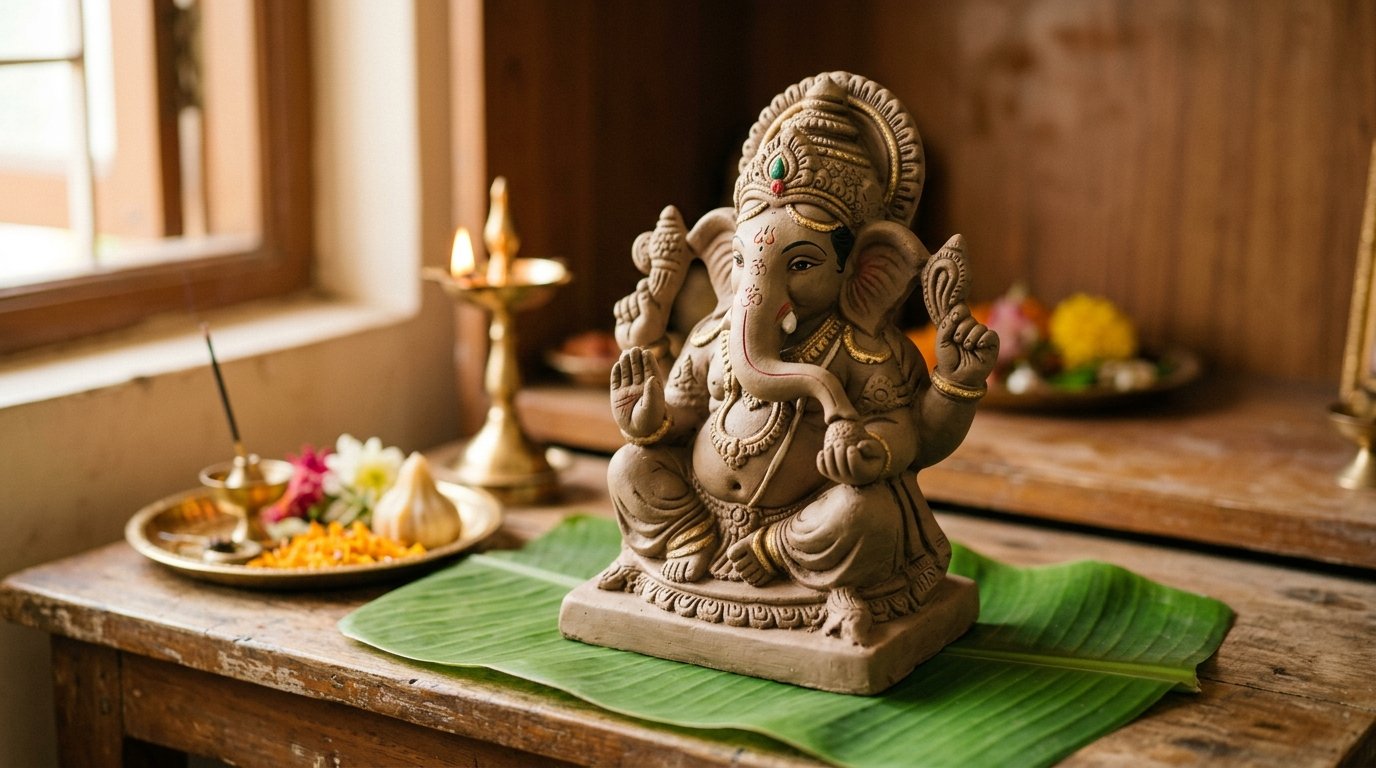 Eco-friendly clay Ganesha idol with left-turning trunk for home worship