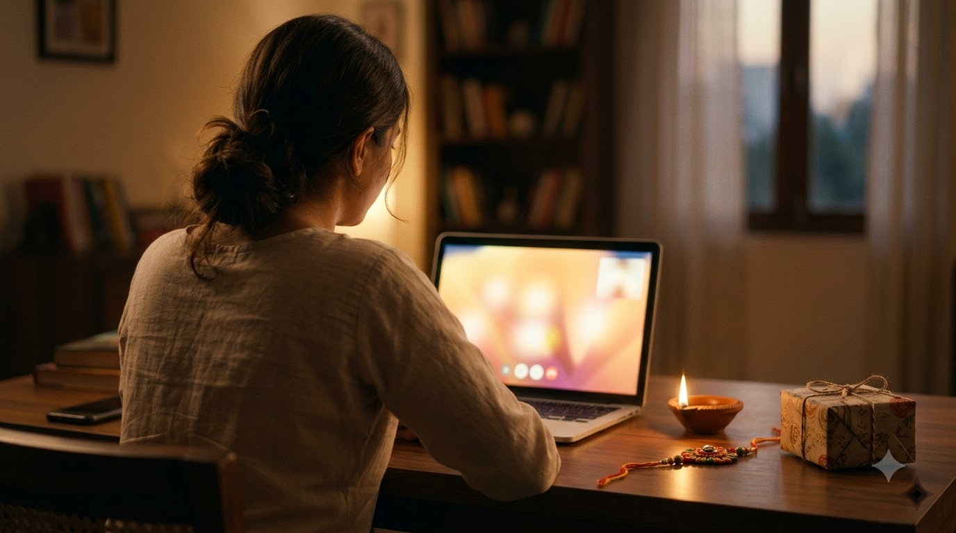 Video call Raksha Bandhan ceremony with diya for sibling abroad