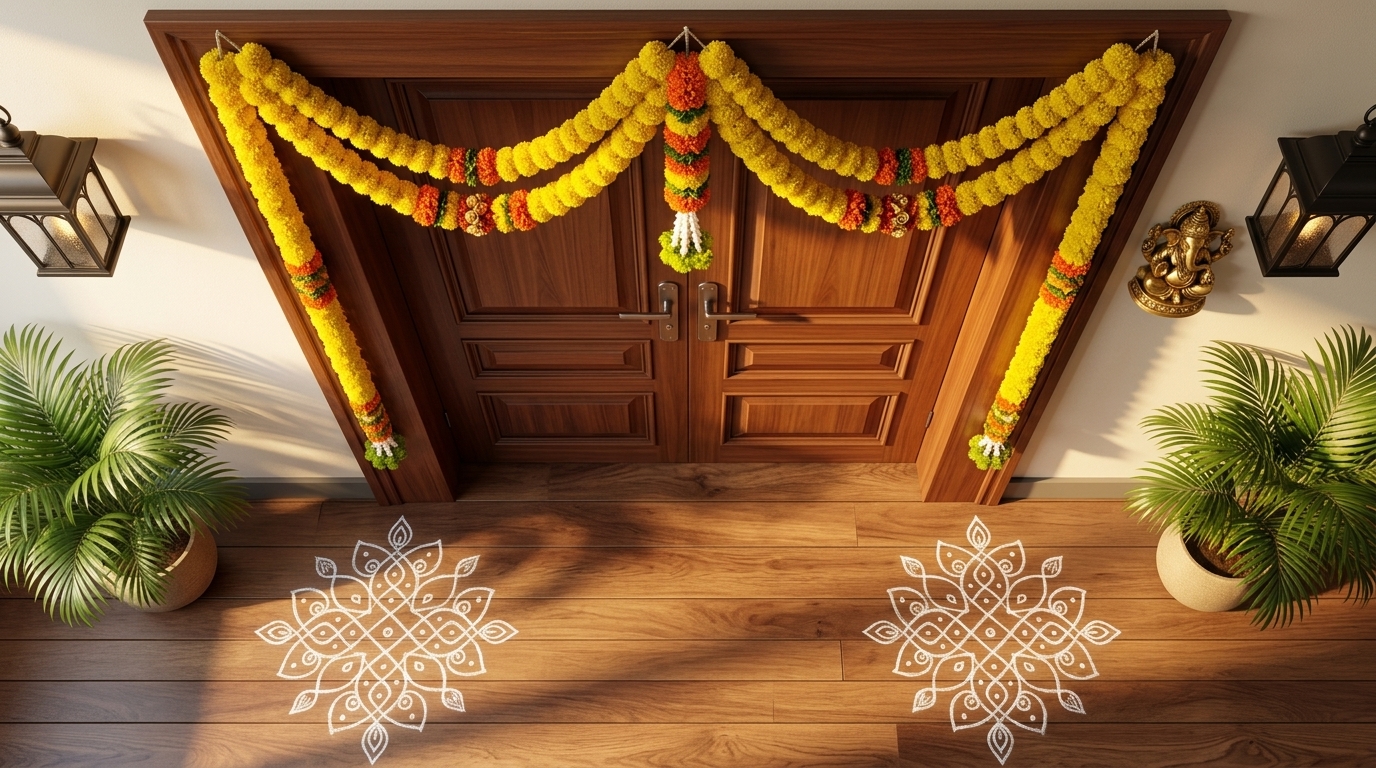 Sacred threshold with rangoli and toran as per Vastu
