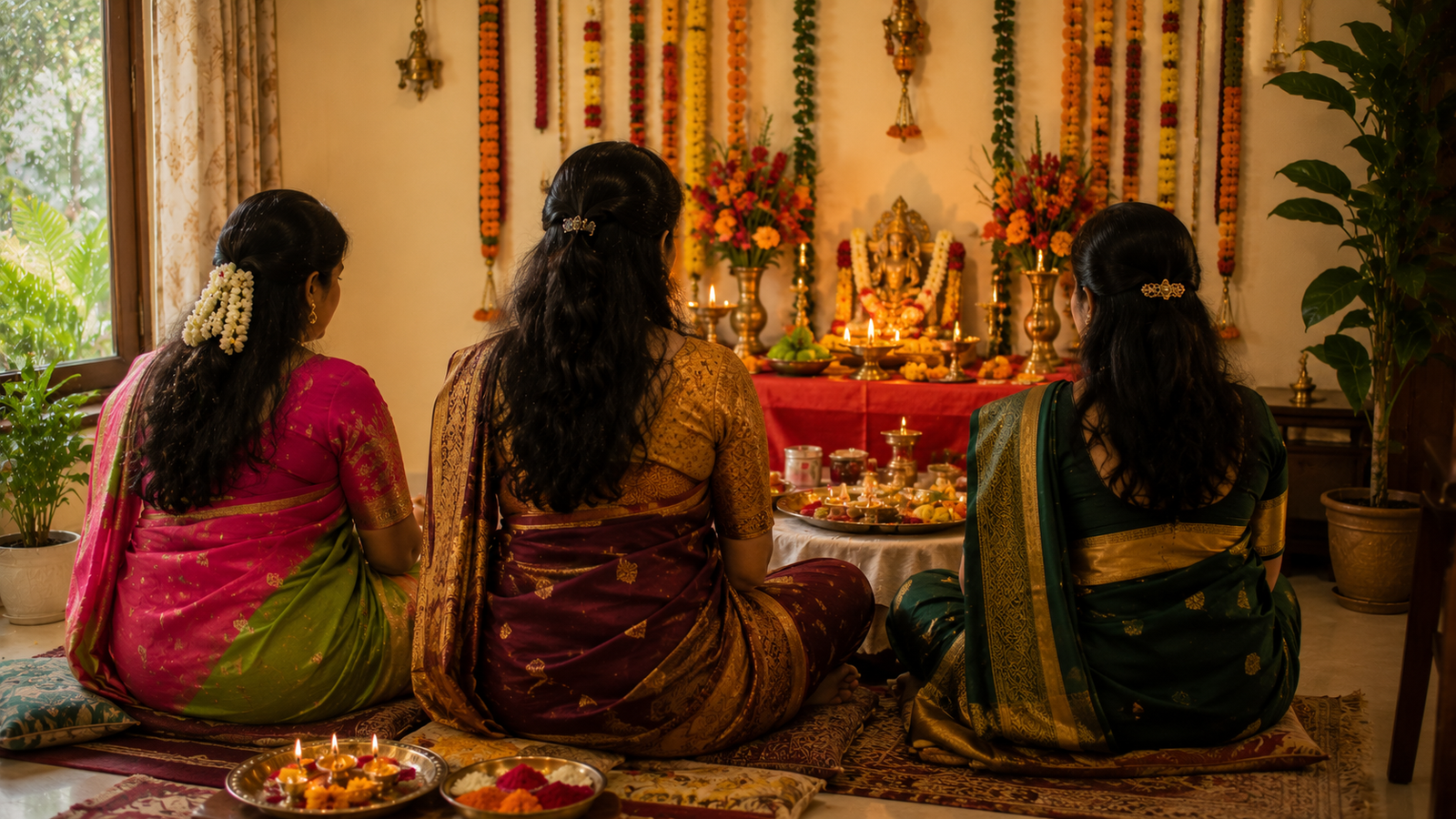 Women gathered for Mangala Gauri Vrat at home altar during Shravan