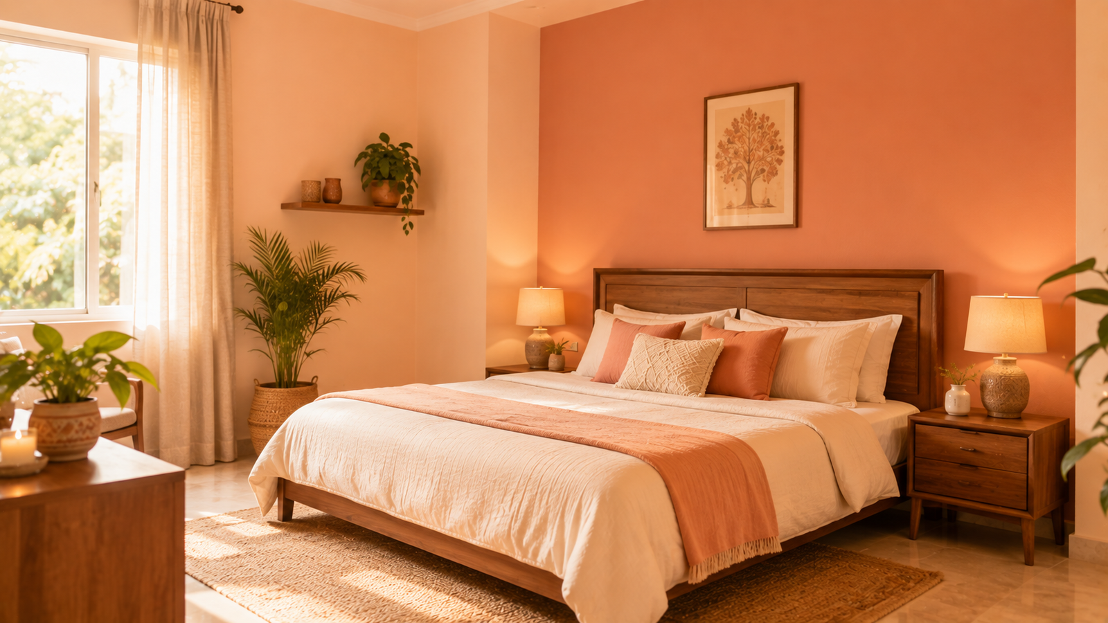 Master bedroom in warm peach earth tones as per Vastu