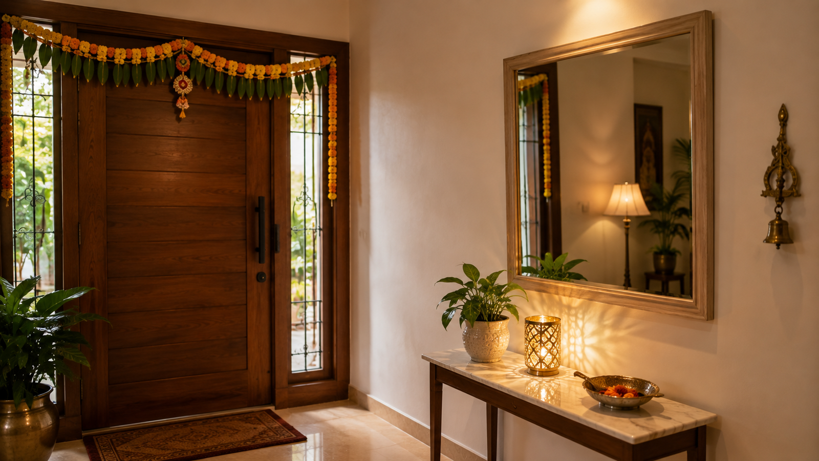 Mirror correctly placed beside, not facing, the main door per Vastu