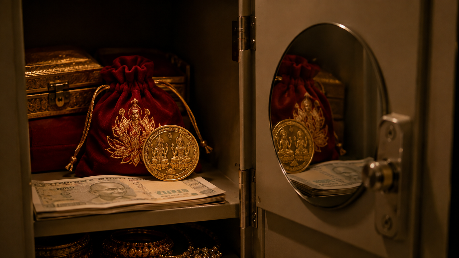 Small mirror inside locker reflecting valuables per Vastu tradition
