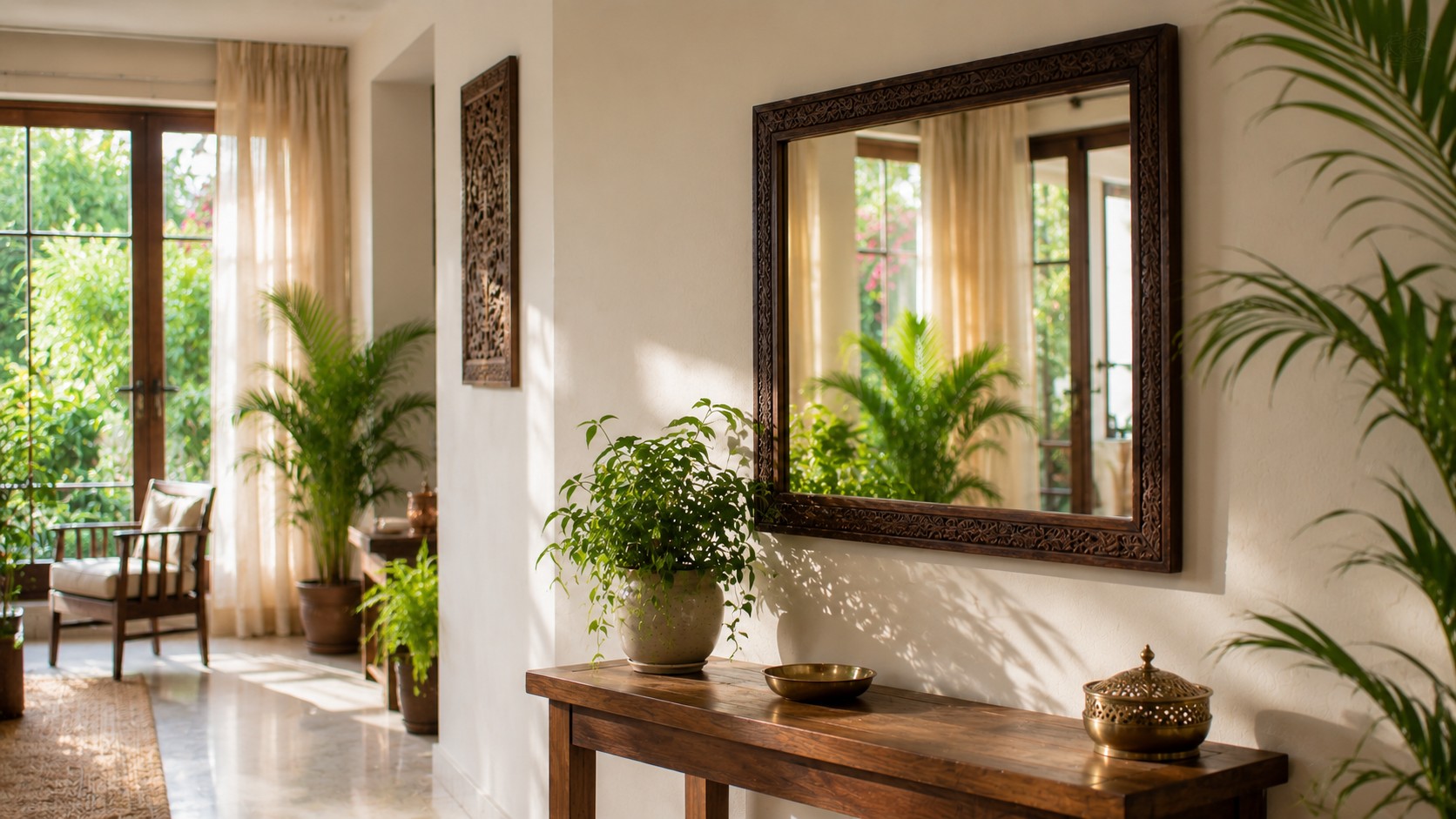 Mirror on a bright wall in the living area, the right Vastu placement