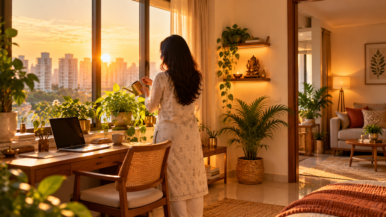 Modern rented flat arranged with Vastu principles at golden hour