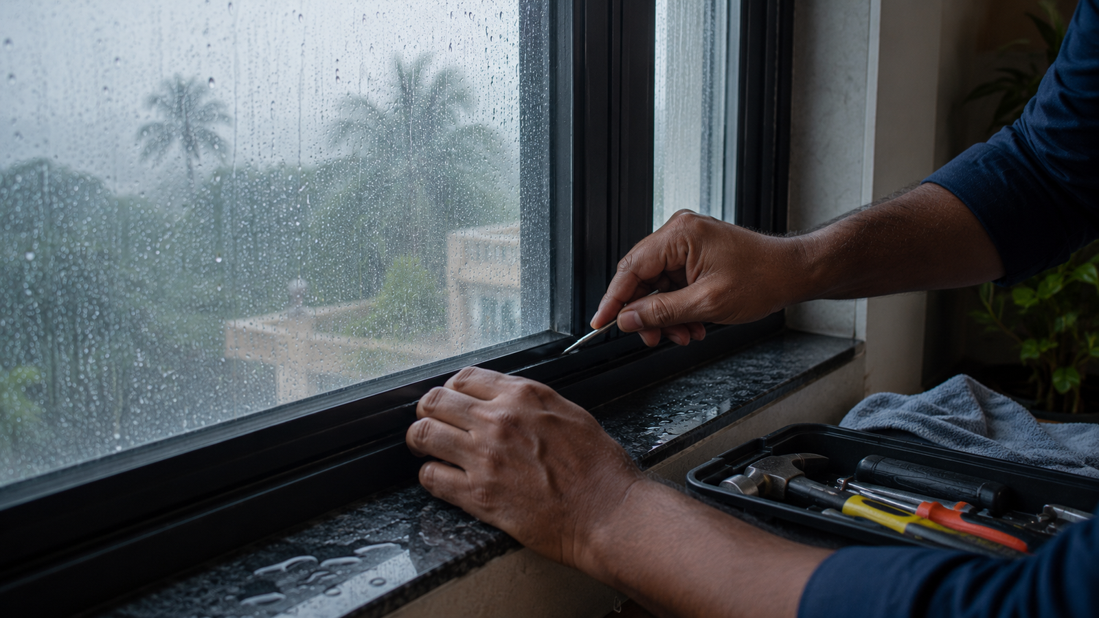 Checking window seal for leaks during Shravan monsoon season