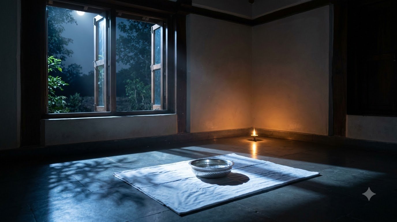 Full moonlight streaming through open window into Vastu-aligned home