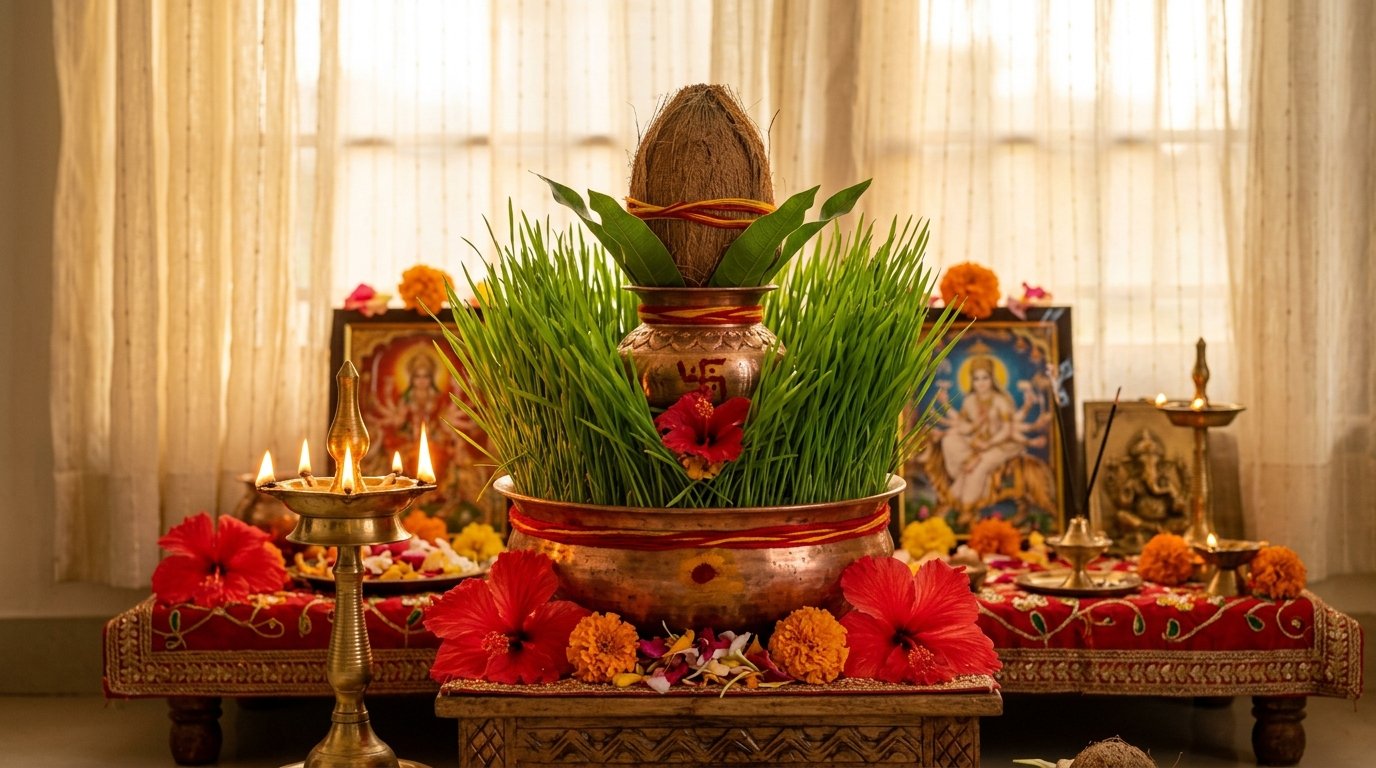 Fully sprouted jawara and burning jyoti on Navratri's final night