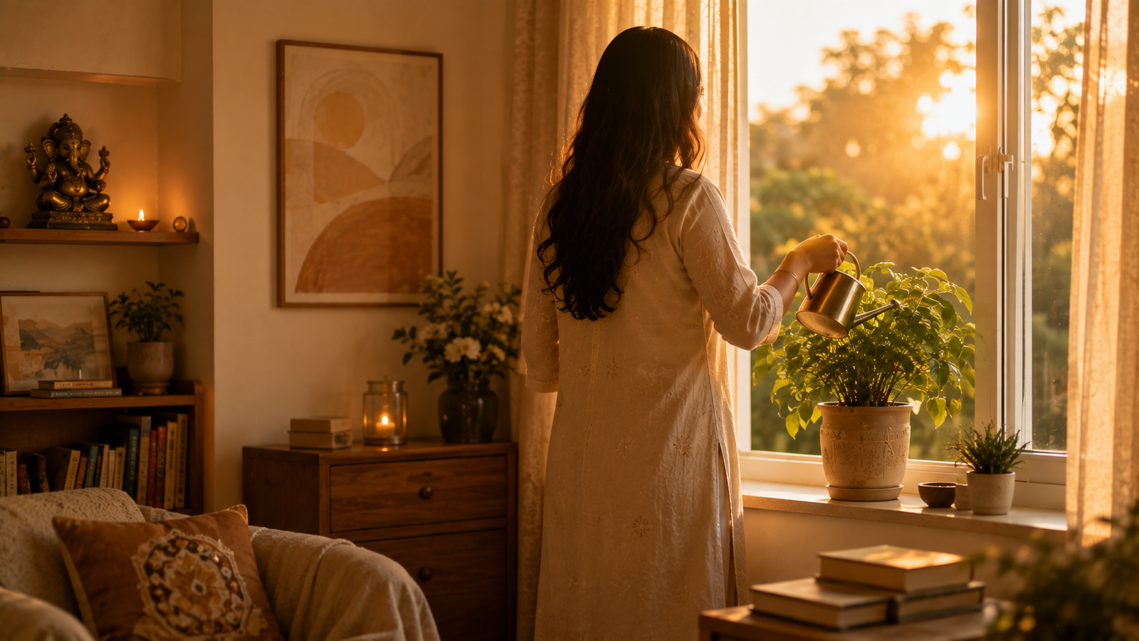 Settled peaceful home at golden hour reflecting a new beginning