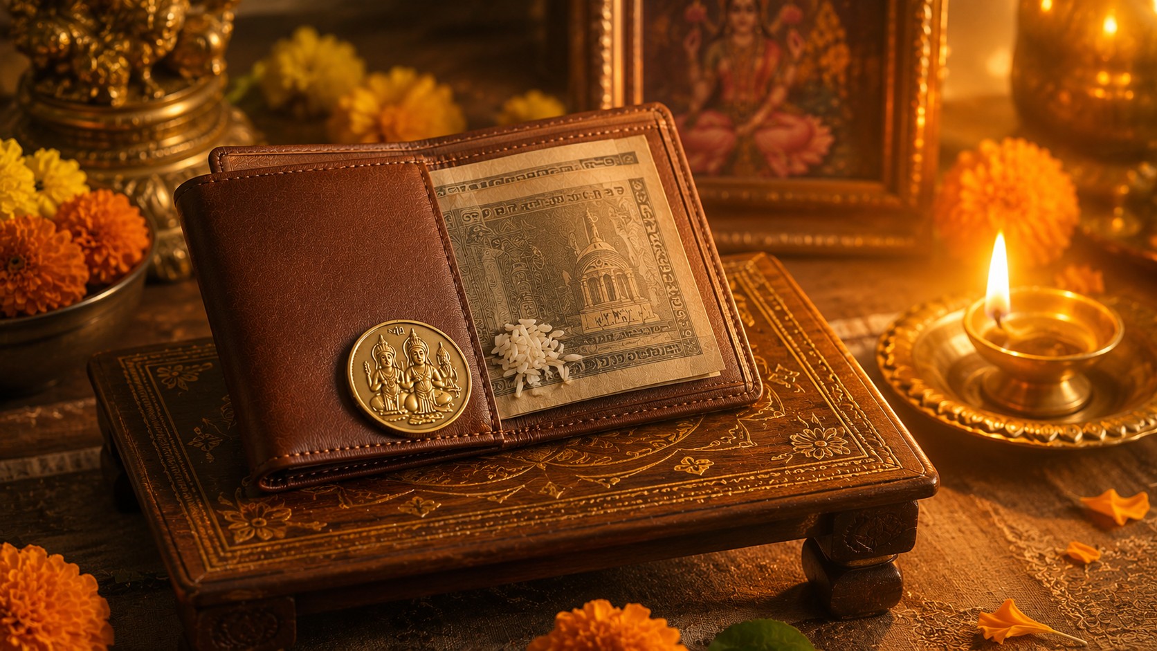 New wallet with Lakshmi coin and diya for the Vastu new wallet blessing ritual