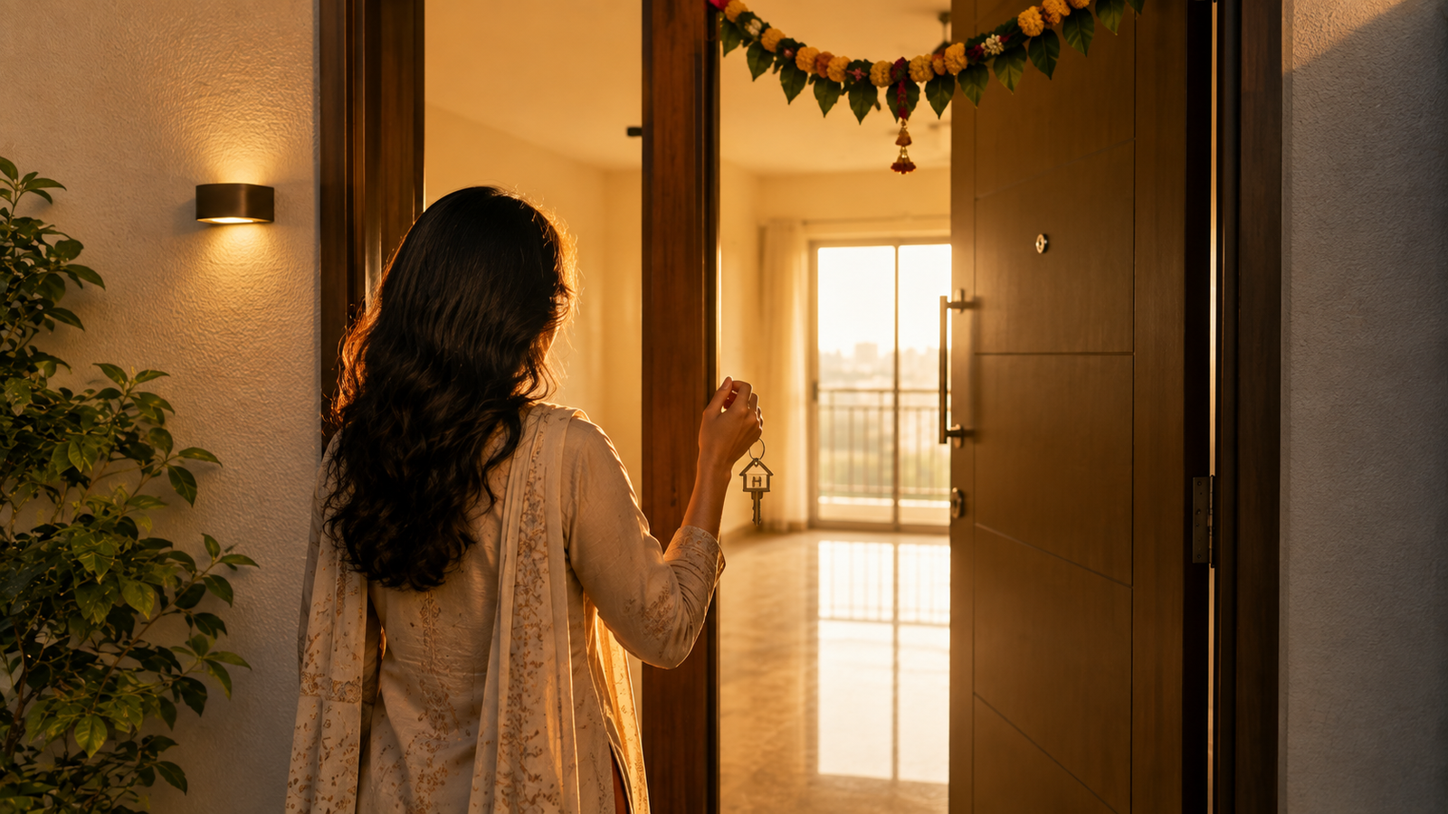 New homeowner at entrance of Vastu-verified flat in India
