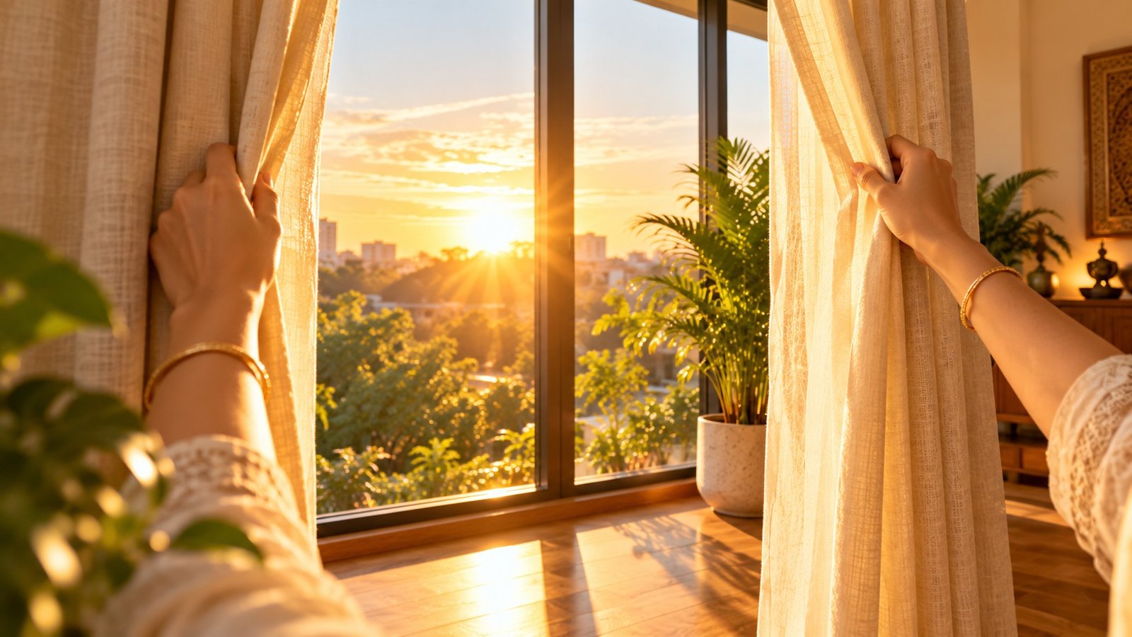 Opening East curtains to welcome Universal Year 1 morning light per Vastu