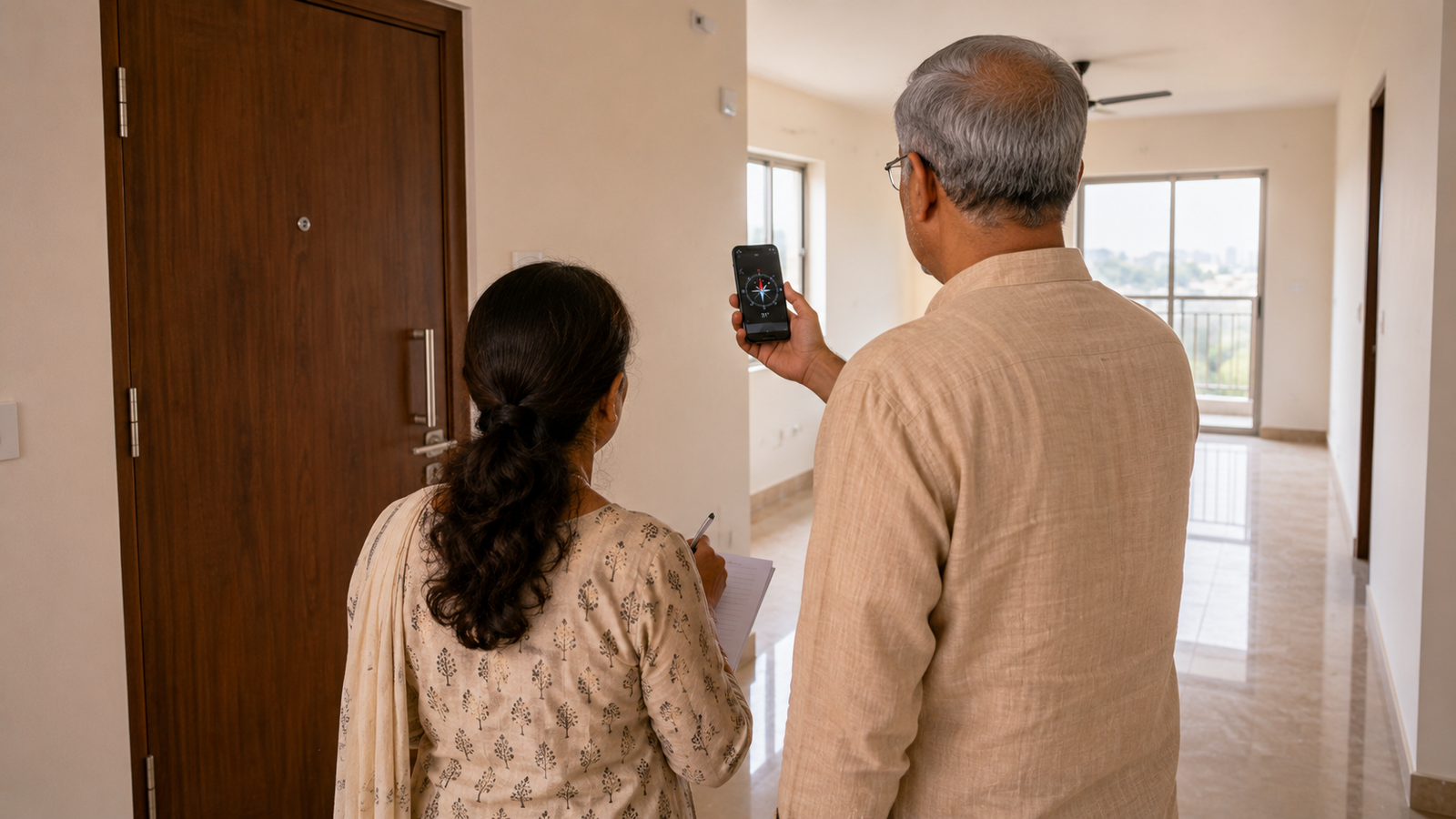 Parents verifying flat's Vastu directions on behalf of NRI buyer